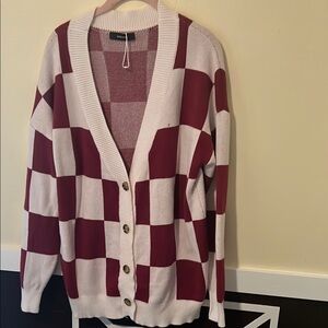 Stylish Burgundy and White Checkered Sweater